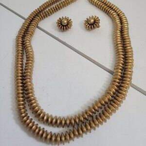 Vintage Gold Beaded Double Stranded necklace and matching Earrings-Clipon